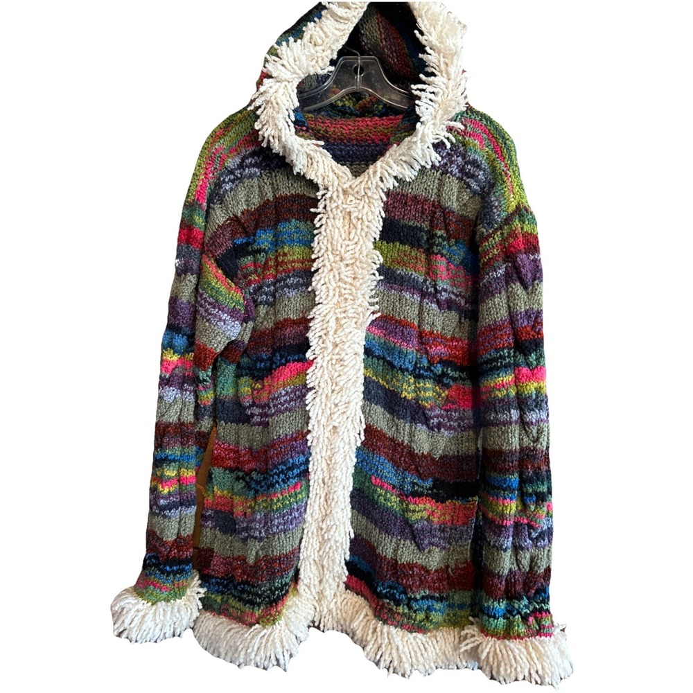 Hand Knitted Hooded Sweater Colorful Fringed Pockets Artist Made Heavy Knit